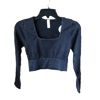 OFFLINE by AERIE Sidewalk Seamless Ribbed Long Sleeve Crop Top Black Size Medium