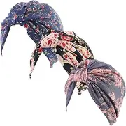 [Coubeau] 3 Pack Women's Traditional Hijab Hat African Print Bowknot Turban, Blue + Grey + Black, One Size