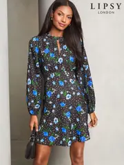 Lipsy Black Mini Printed Long Sleeve Keyhole Underbust Dress (AD8014) | $49