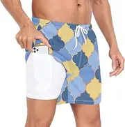 [GuoChe] Men's Swimwear Trunks Men 2 Layer Workout Shorts Moroccan Plaid Blue Yellow with Pockets and Compression Liner, Moroccan Buffalo Plaid Tartan Check Scotland Blue Yellow, XX-Large