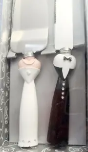 BLACK AND WHITE TUXEDO BRIDE GROOM WEDDING DRESS CAKE KNIFE SERVER SET
