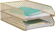 Gold File Organizer Office Inbox Paper Tray Set - 2 Stackable Letter Trays for Desk - File Baskets Organizer