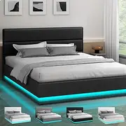 ALFORDSON Bed Frame Double Size with LED Light & Gas Lift Storage Base, Bed Platform Foundation with Linen Fabric Tufted Headboard for Mattress Topper, Max 320kg, Bertold Fabric Charcoal