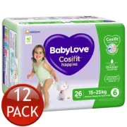 12 x Babylove Cosifit Nappies Size 6 Junior 15-25Kg Unisex Nappy Pads 26 Pack
