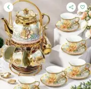 Tea Coffee Golden Ceramic Set Teapots Cup With Metal Holder New