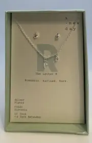A New Day Silver-Plated 16" Initial 'r' Necklace & Cubic Zirconia Earrings Set