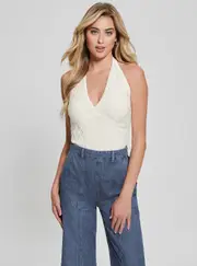 GUESS Women's White Wavy Lucia Halter Top Size: Medium, Spandex