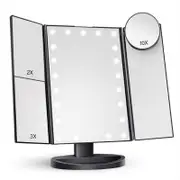 TOOLKISS Black Tri-Fold Lighted Makeup Mirror – 22 LED Vanity Mirror with 1X/2X/3X/10X Magnification, Portable Cosmetic Mirror for Precise Beauty Application