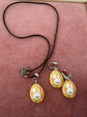 Easter Egg Bunny Cord Necklace Clip On Earrings Set, Quirky Fun Colorful Jewelry