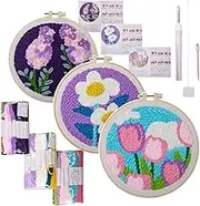 Yarn Punch Needle Kit, Punch Stitching Kit for Adults, Set of 3 Flower Art Needles Punch Coaster Kit for Beginners - Handmade Tufted Carpet Padding, Artwork Set, Making Supplies