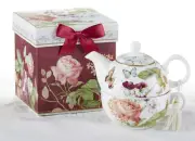 Delton Porcelain Tea for One Gift Set Stacked Teapot & Cup BURGUNDY PEONY
