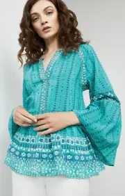 BCBGMAXAZRIA Kaley Scarf Print Peasant Top Blouse XS Blue Cotton Silk Voile $298