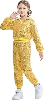 [LOLANTA] 2Pcs Girls Dance Outfits Cropped Sequin Jacket Pants Set, Kids Hip Hop Dance Costumes for 80s 90s Party 5-15 Years
