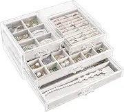 ProCase Large Acrylic Jewelry Box Earring Holder Organizer with Drawers, Clear Jewelry Storage Case with Velvet Trays for Earring Ring Necklace Bracelet, 28 × 16 × 12cm - Grey, 3 Layers