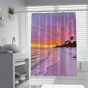 Beach Sunset Shower Curtains Evening Glow Tide Palm Trees Pattern Bathroom Curtain Waterproof Fabric Machine Washable with Hooks 120 x 200 cm