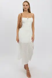 White Midi Dress Gathered Bust Eyelet Fabric - Size 16XL, Women's Midi Dress
