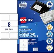 Avery Weatherproof A4 Labels for Laser Printers - Printable Packaging, Shipping & Address Labels - Mailing Stickers - Small Business Supplies - 99.1 x 67.7 mm, 80 Labels / 10 Sheets (959409 / L7070)