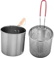 IMIKEYA Stainless Steel Deep Fry Pot Wooden Handle Oil Filter Basket Fish Fryer Pot for Chicken Wings Seafood 1200ml Non-Slip Healthy Cooking