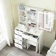 Vanity Desk with Lighted Mirror,Small Makeup Desk with 5 Drawers,3 Color Lighting Modes Adjustable Brightness,Dressing Table with Cushioned Stool for Bedroom