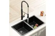 Cefito Stainless Steel Sink 77x45CM With Pull Out Mixer Tap Kitchen Double Bowl Black