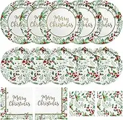 Christmas Party Supplies, Serve 50, Christmas Seasonal Holly Tableware Includes: Paper Dinner Plates, Dessert Plates, Luncheon Napkins and Beverage napkins, Great for Merry Christmas Party Decorations