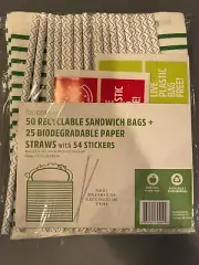 Lunchskins SET 50 Recyclable + Sealable Paper Sandwich Bags 25 Paper Straws Plus