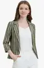 Allegra K Army Green M Notched Open Front Work Office Blazer Jacket Lined Stripe