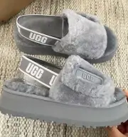 US 7/8 UGG Australia Women’s Disco Slide Slipper Grey Ash Fog Wool Shoes 1112258