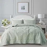 B2EVER Damask Quilt King Size Bedding Sets with Pillow Shams, Boho Lightweight Soft Bedspread Coverlet, Sage Green Quilted Blanket Thin Comforter Bed Cover for All Season, 3 Pieces, 104x90 inches
