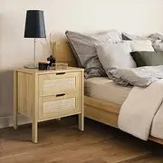 [Furb] Bedside Table with 2 Storage Drawers Rattan Side End Table Small Narrow Nightstand for Living Room Bedroom Furniture, 48x39.5x56cm