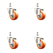 3.5 Inch 316SS Orange Poly Wheel Swivel 3/8 Inch Threaded Stem Caster Set