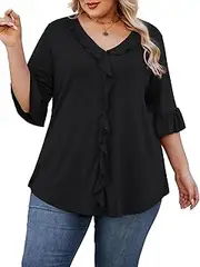 [Beauhuty] Women's Plus Size Shirts V Neck Ruffle Tops Dressy Casual 3/4 Bell Sleeve Blouses Business Trendy Work Tunic
