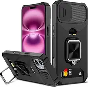rojarou for iPhone 16 Plus Case with [Card Holder] [Slide Camera Cover] [360° Rotate Ring Kickstand] Heavy Duty Protective Phone Case for iPhone 16 Plus-Black