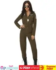 Ladies Green Top Gun Marverick Aviator 1980s Army Military Costume Pilot
