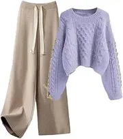 [Generic] Women's Crew Neck Twistted Knit Pullover Tops Drastring High Waist Wide Leg Pant Knitted Jogging Tracksuits Outfits