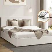 Oikiture Bed Frame King Size Gas Lift Base With Storage White Boucle