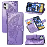 For iPhone 12 / 12 Pro Case, Butterflies Love Folio PU Leather Case, Card Slot, Wallet, Lanyard, Light Purple