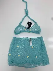 Pretty Little Thing Womens Blue Netted Floral Halter Crop Top Skirt Set Size 12