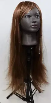 Kalyss Brown Wig with Highlights Yaki Long Synthetic Wig With Bangs Center Part