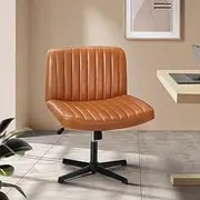 Oikiture Home Office Chair with Pu Leather Cover and Wider Seat Brown Cross Legged Office Chair