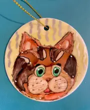 New hand painted Cat face Ornament 3x3" two sided Porcelain with hanger