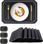 fanquare Black Faux Leather Placemats with Gold Trim Placemats and Coasters Set of 6 Large Rectangular Table Mats Heat Resistant and Easy to Clean