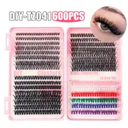600 Eyelashes Set DIY Lash Clusters Kit - High-Capacity 4 Styles with Black and Colorful Lashes