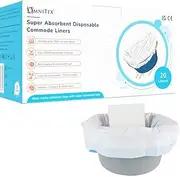 20pk Omnitex Super High Absorption Commode Liners, Bed Pan Liners with 80% SAP granules gel conversion pad | Strong Adult Portable Toilet Bag with drawstring and SAP Pad | CE & UKCA certified