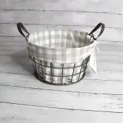 RGI Metal Wire Bushel Basket Country Farmhouse Home Decor Gray Gingham Fabric
