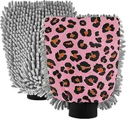Wash Mitts Car Washing Absorbent Microfiber Chenille Cleaning Scrub Pads Car Detailing Scratch Free Leopard Black Brown Spots Pink, Large x 2 Pack