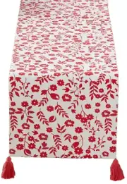 Printed Fabric Cotton Table Runner w/tassel (14"x72") RED FLOWERS & LEAVES, LK