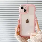 FABSPARK Phone Case for iPhone 15 Case,Transparent Clear Solid Color Curly Wave Frame Soft Silicone Shockproof Protective TPU Cover for iPhone 15,Pink