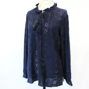 Chico's Embroidered Eyelet Peasant Cottage Core eyelet navy blouse top 1 small