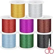 Swpeet 9Pcs 8 Colors 55 Yards Metallic Elastic Cords with Scissors, Metallic Cord Tinsel Rope, Metallic Stretch Cords Elastic Cords Ribbon for Craft Gift Wrapping Christmas Jewelry Making